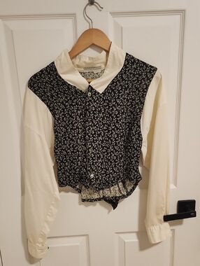 Two-Tone Floral Button Front Blouse - Black & Cream